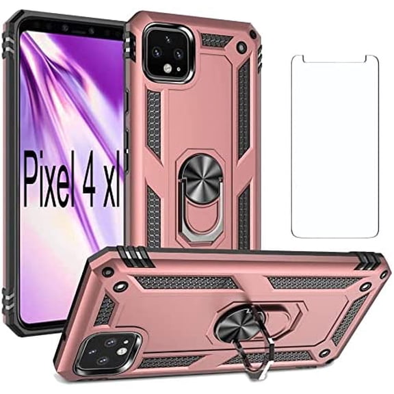 Phone Case for Google Pixel 4 XL Cases with Pixel4xl Tempered Glass Screen Protector Ring Holder Stand Pixle 4XL Shockproof Back Cover Pink Rose Gold
