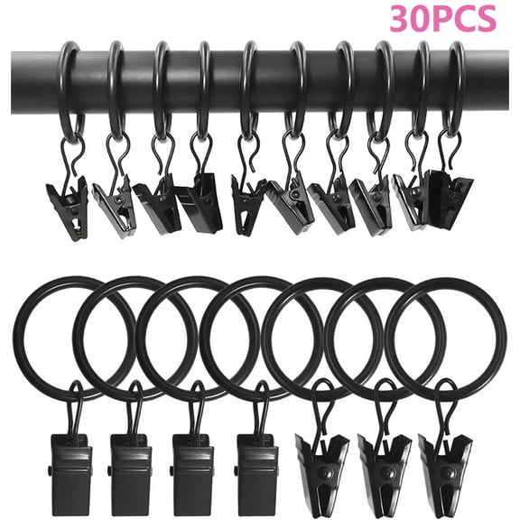 30 Pack Metal Curtain Rings with Clips, Drapery Clips with Rings, Drapes Rings 1 in I D, Fits Diameter 6/8 in Curtain Rod, Black