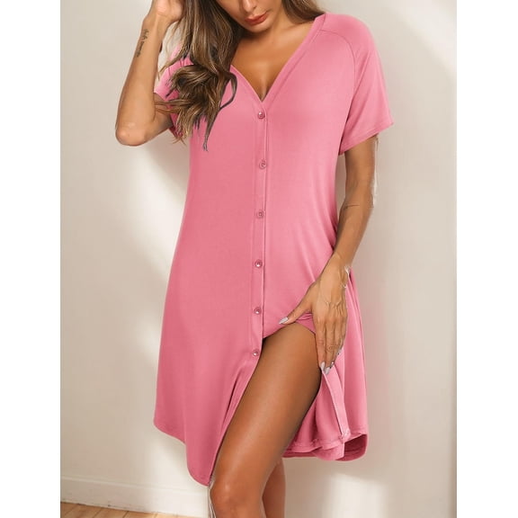 Ekouaer Women's Button Down Nightgown Short Sleeve Nightshirt V Neck Sleep Shirt Soft Pajamas Dress with Pockets
