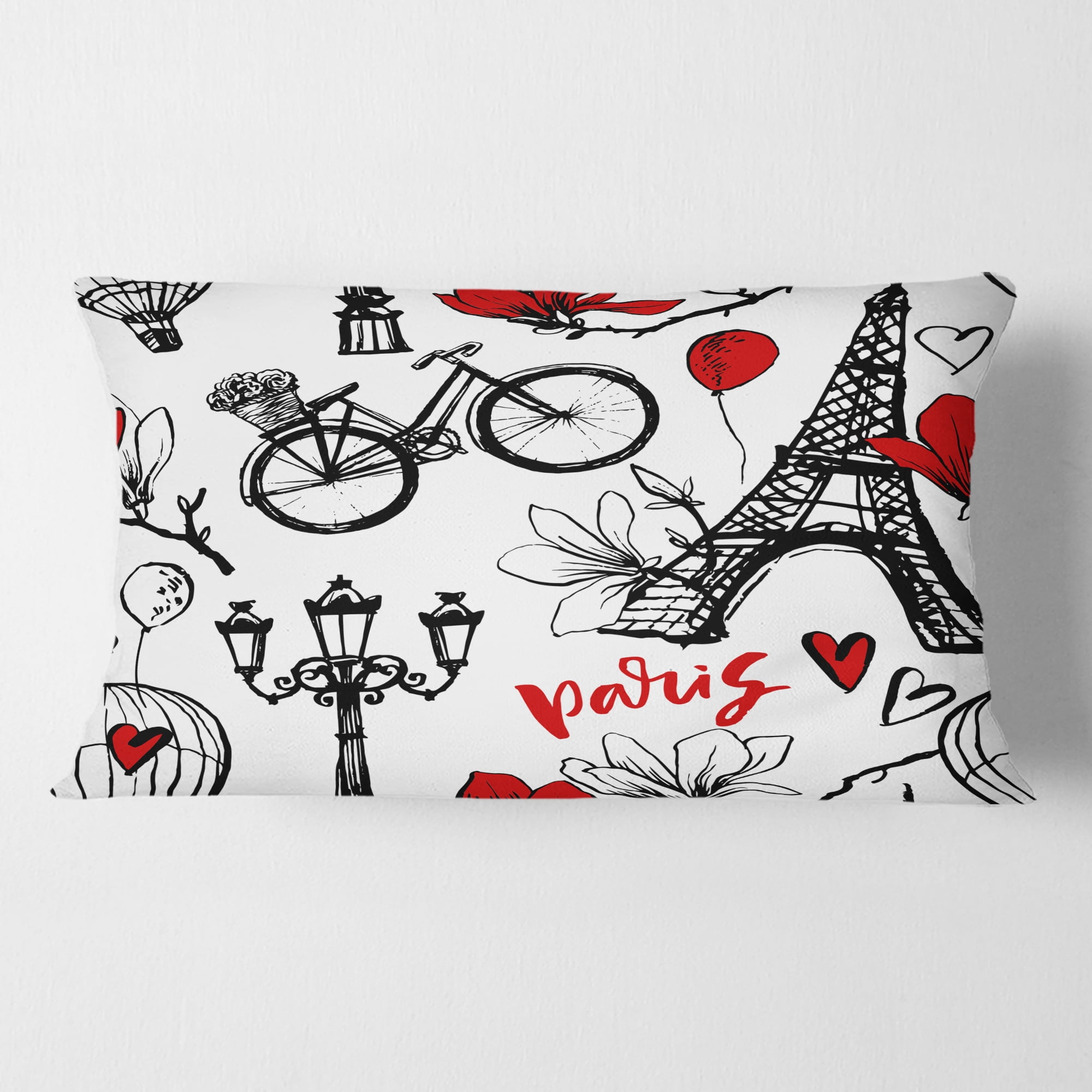Designart Paris Eiffel Red Hearts I' Mid-Century Modern Throw Pillow - 12x20