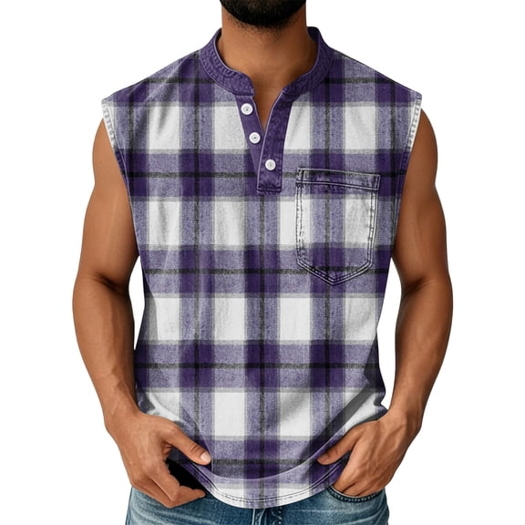 Domuza Men's Sleeveless Shirts Henley Neck Button Up Sleeveless Workout Muscle Tank Tops Summer Loose Fit Plaid T-Shirts Blue M