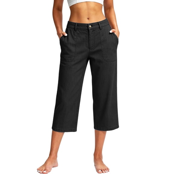 Yievot Women's Capri Jeans High Waist Wide Leg Cropped Pants Loose Casual Summer Cropped Denim Pants with Pockets