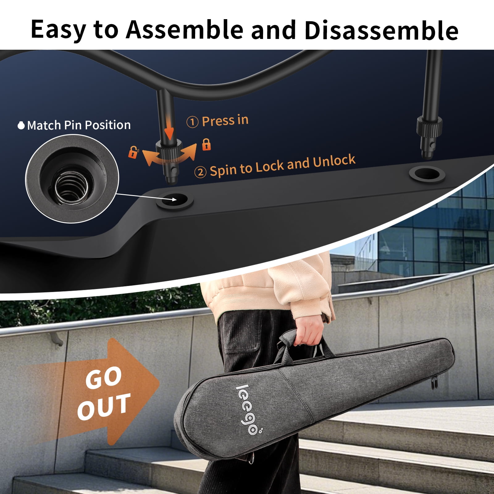 Compact Electric Guitar, Small Lightweight Headless Guitar for Travel and Practice, Portable Solid Body Easy Assemble Stands wtih Gig Bag, Black