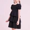 thumbnail image 6 of Virmaxy Summer Solid Color Square Neck Puff Sleeve Tiered Dress with Smocked Bodice Ruffle Hem A Line Princess Gown for Party and Daily Wear, 5-13y, 6 of 8