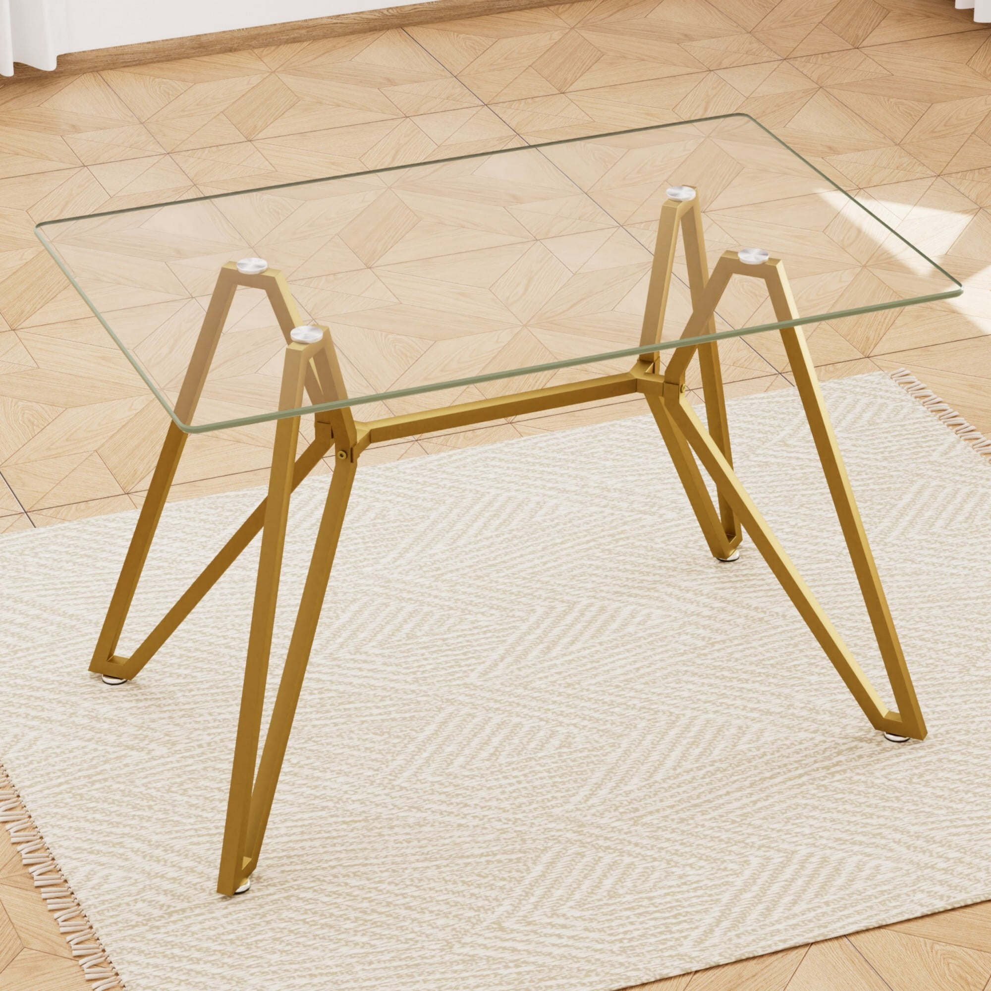 AENKYO 47.3'' Modern Glass Dining Table, Rectangular Tempered Glass Top with Metal Legs, Small Kitchen Table for Home, Gold