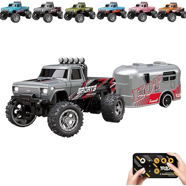 RipRush Mini Monster 1:64 Off-Road LED Alloy Racer, 2.4GHz Off-Road Remote Control Car, New Rechargeable Alloy Shell Mini RC Cars with Lights and Trailer