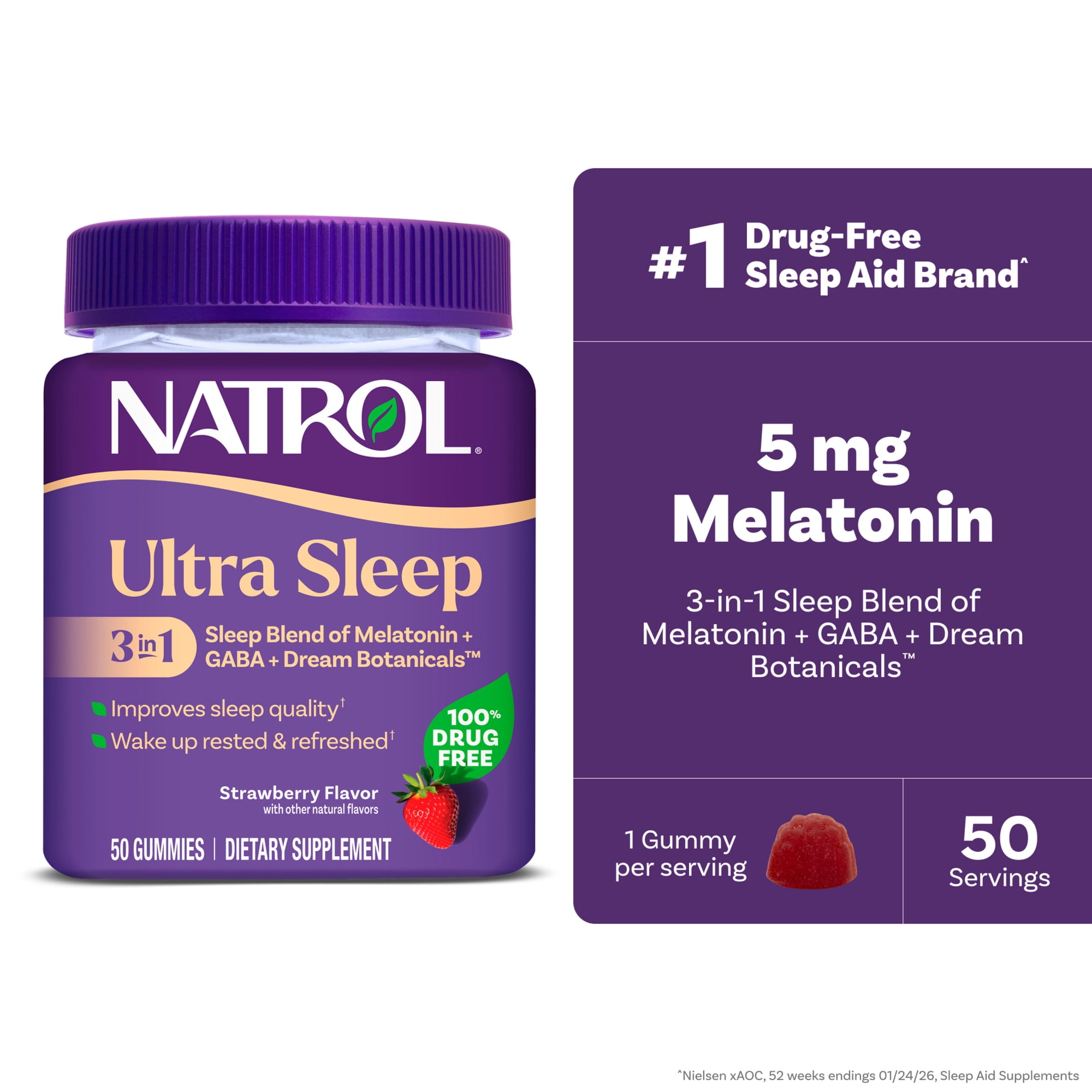 Natrol Ultra Sleep 3-in-1 100% Drug-Free Sleep Aid Blend with 5mg Melatonin, GABA & Botanicals, Dietary Supplement, Non-Habit Forming, 50 Gummies