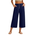 thumbnail image 2 of Bloomae Capris for Women Loose Fit Casual Button Elastic High Waist Baggy Pleated Comfy Cropped Trousers Trendy Wide Leg Capri Pants with Pockets, 2 of 8