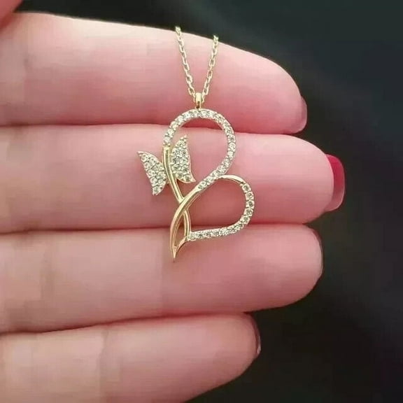 14K Yellow Gold Plated Round Cut 2Ct Lab Created Diamond Butterfly Heart Pendant 18"