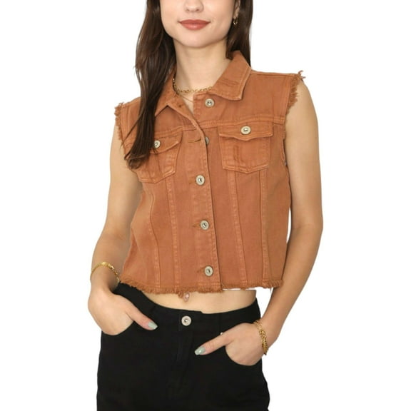 Women's Distressed Denim Crop Vest- X Large, Brown