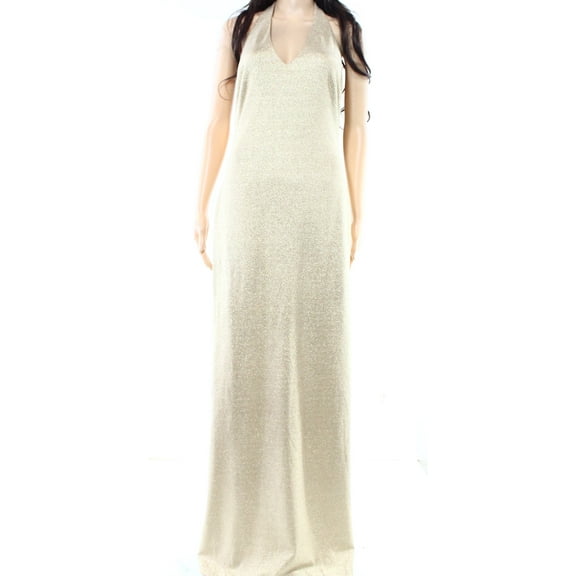 Lauren Ralph Lauren Champagne Women Maxi Halter Gown Dress Gold 10