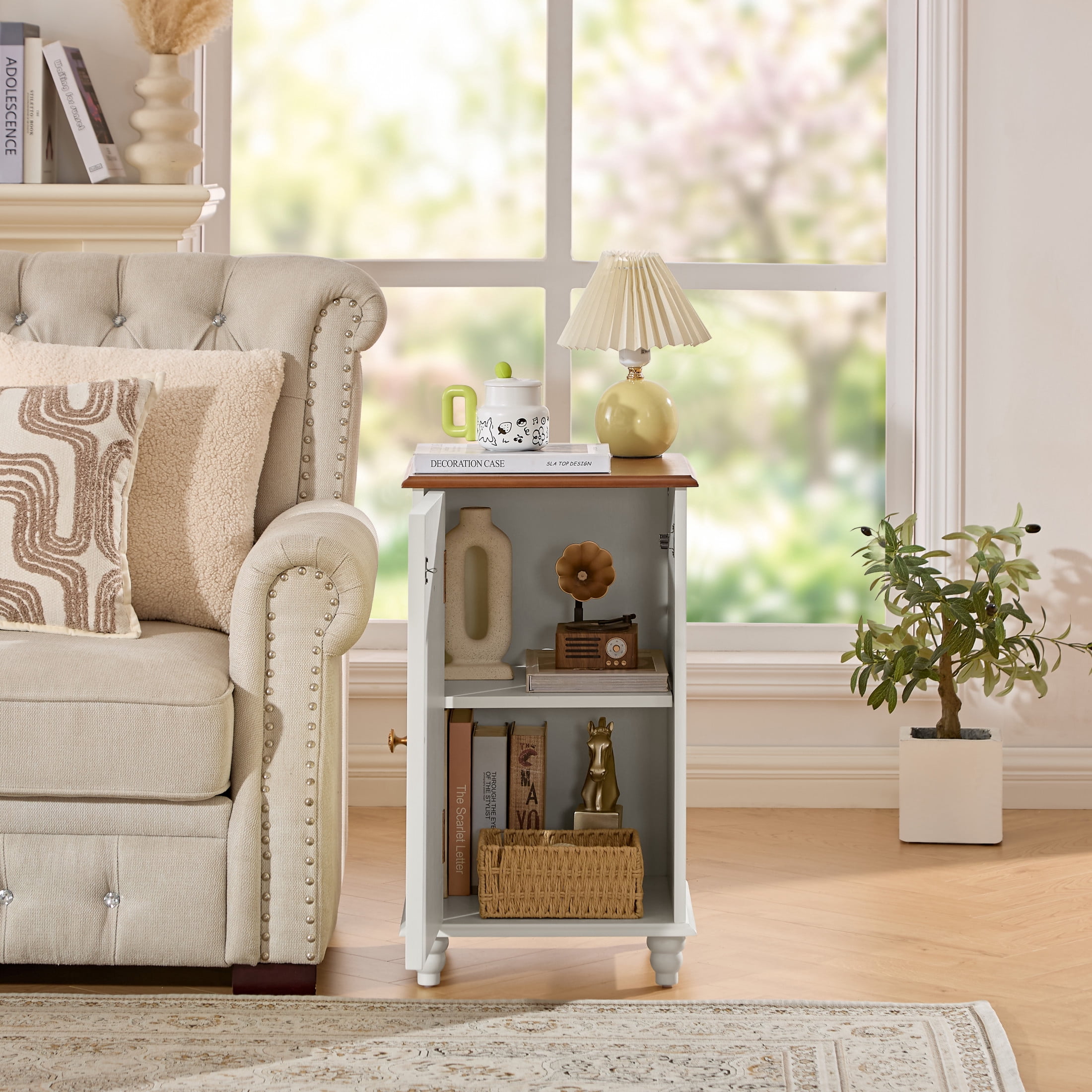 GDF Studio 27" Tall Mid-Century Modern Floor Cabinet with Door & Adjustable Shelf, White+Walnut