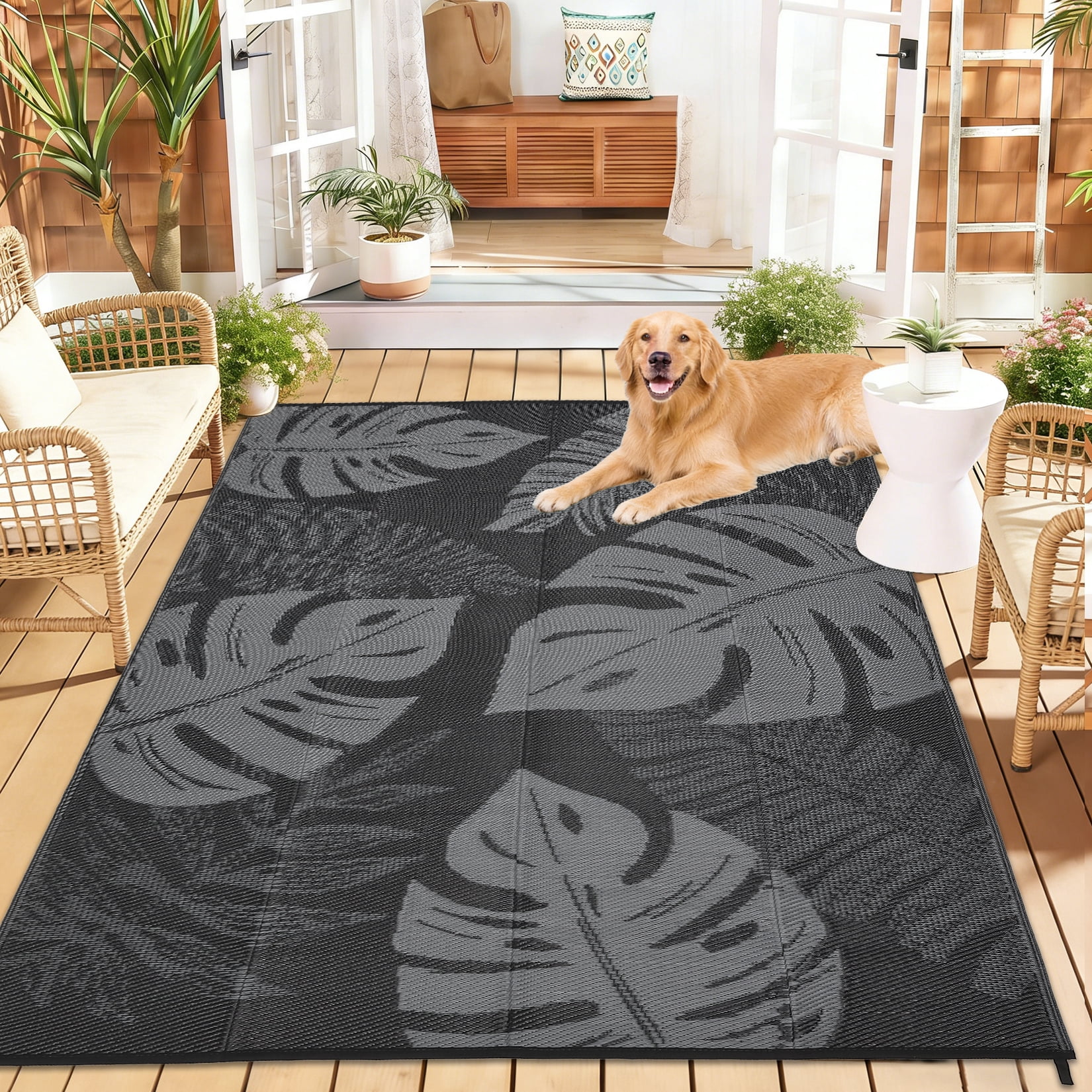Garvee 9'x12' Outdoor Rug Waterproof Plastic Straw Rug, Modern Tropical Leaf Woven Carpet UV-Resistant Reversible Mat for Patio RV Deck Beach Porch, Black Gray