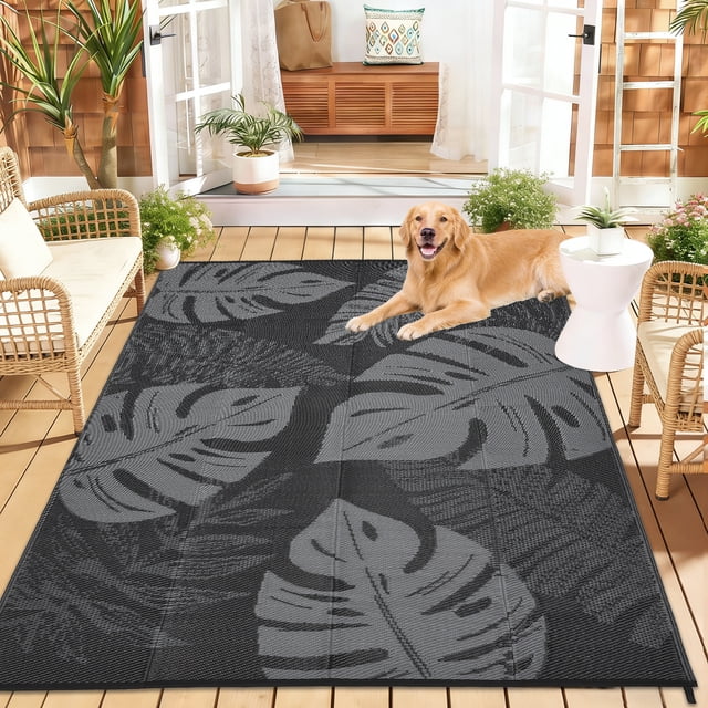 Reversible Patio Mat – Waterproof Plastic Straw – Tropics Palm Leaves Design – RV, Deck, Balcony, Porch & Beach – Modern Camping Outdoor Rug