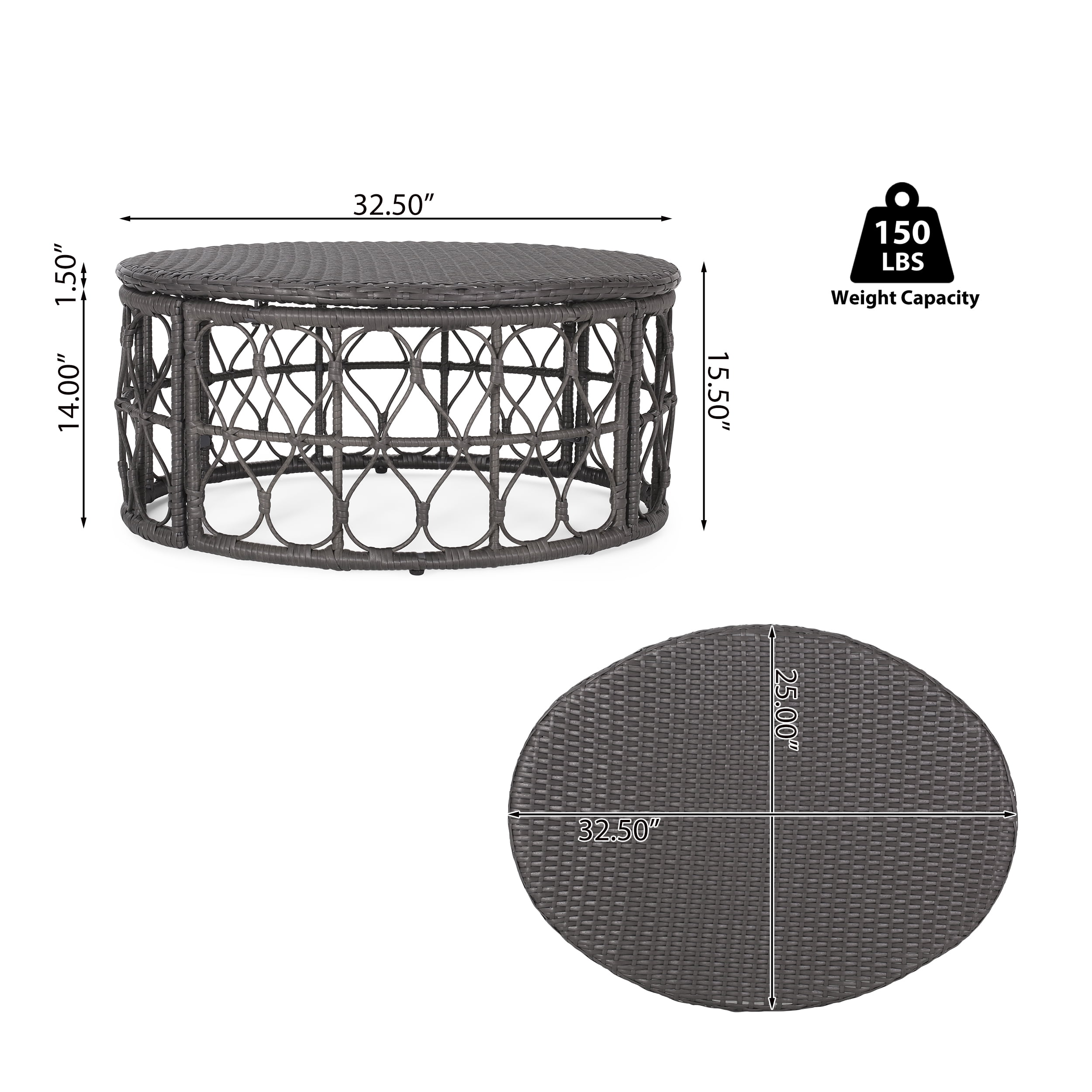 Outdoor Wicker Weave Coffee Table, Leisure Center Table for Patio Garden, Gray