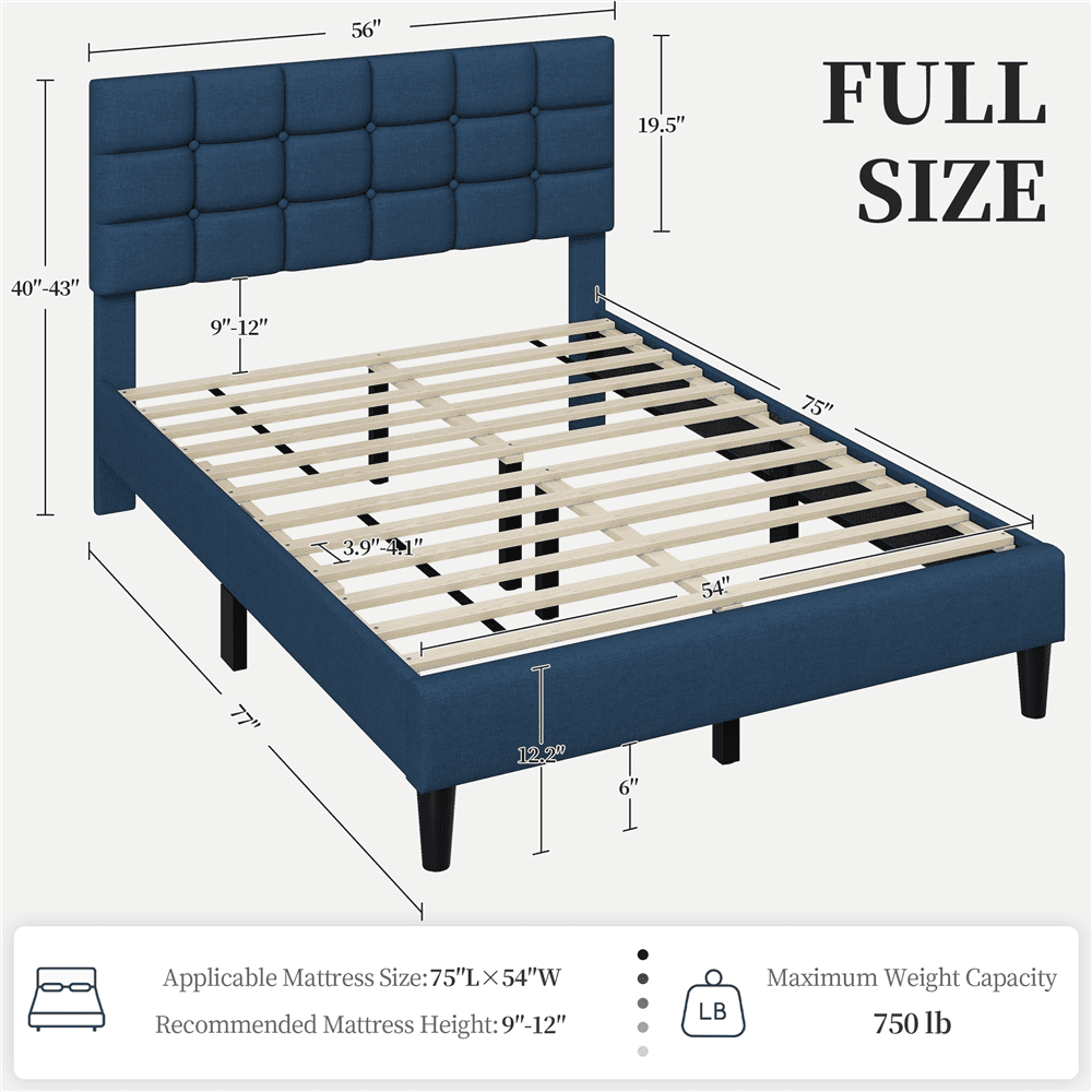 Fullfurnique Upholstered Platform Bed Frame with Square Tufted Headboard, Full, Navy Blue
