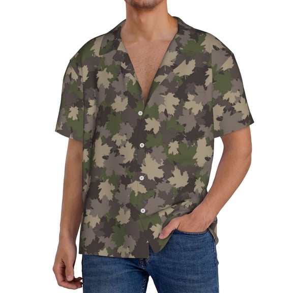 Rateoe Camouflage maple Pattern Men's Short Sleeve Classic Shirt, Casual Short-Sleeved Shirt, Lightweight Summer Shirt, Cuban Collar Shirt,Button-Front Shirt-Small