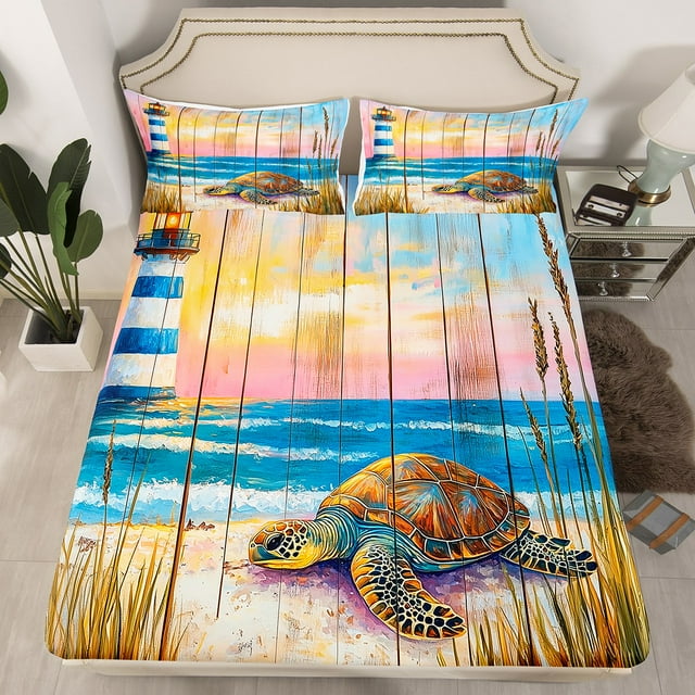 Erosebridal Ensemble de Draps-Housse Tortue de Mer Mignonne Simple, Literie de Plage Hawaïenne Simple, Respirant, 2 Pcs (Sans Drap Plat)
