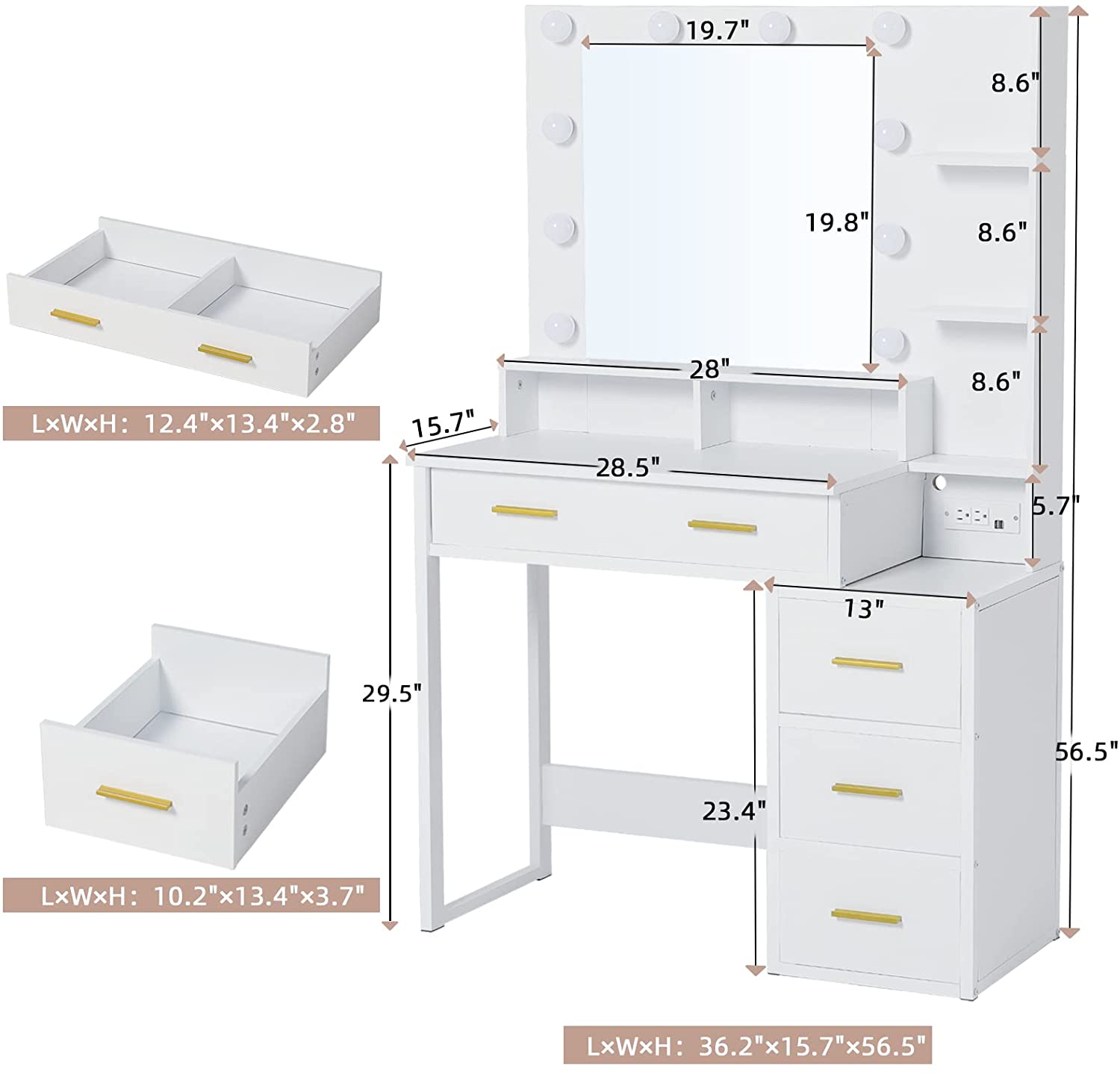 Afuhokles Vanity Table with Lighted Mirror and Charging Station, Makeup ...