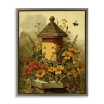 Stupell Industries Bees & Floral Architecture Botanical & Floral Painting Brown Floater Framed Canvas Art Print Wall Art, 25 x 31