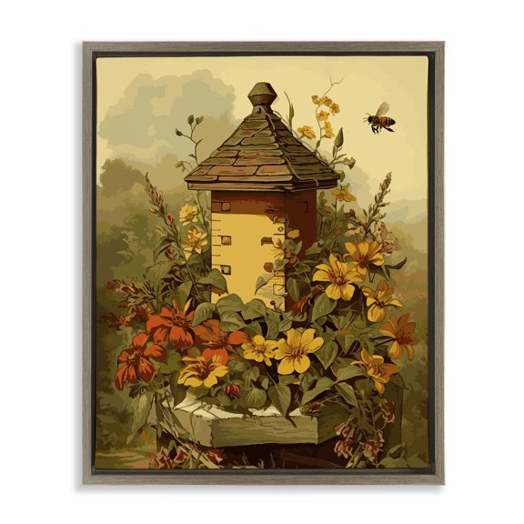 Stupell Industries Bees & Floral Architecture Botanical & Floral Painting Brown Floater Framed Canvas Art Print Wall Art, 25 x 31
