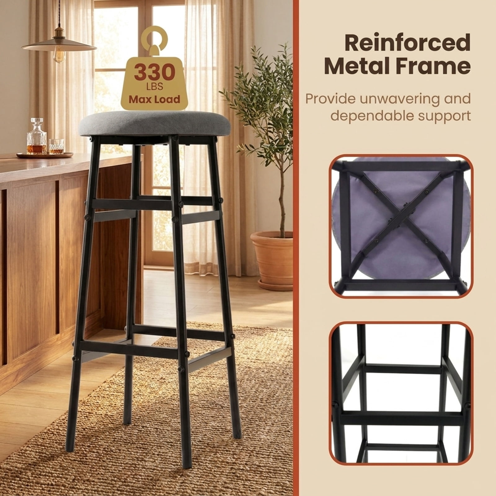 Furnibear Bar Stools Set of 2 with Sturdy Metal Frame and Footrest for Kitchen