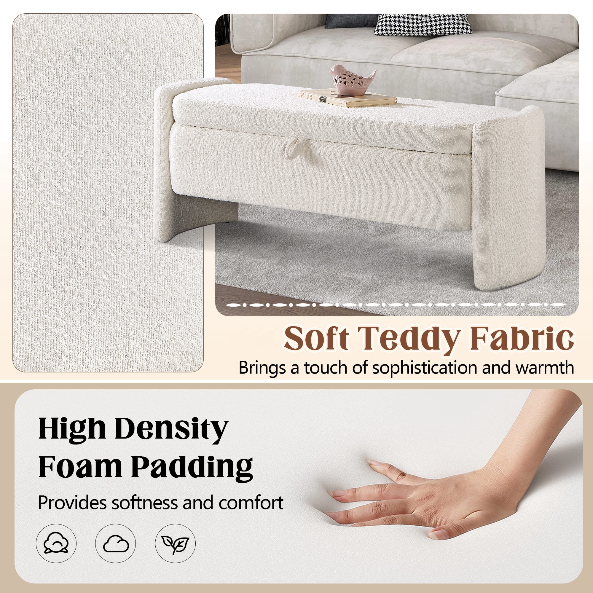 Lunale 41.73" End of Bed Storage Bench, Teddy Upholstered Storage Ottoman Benches for Bedroom, Beige