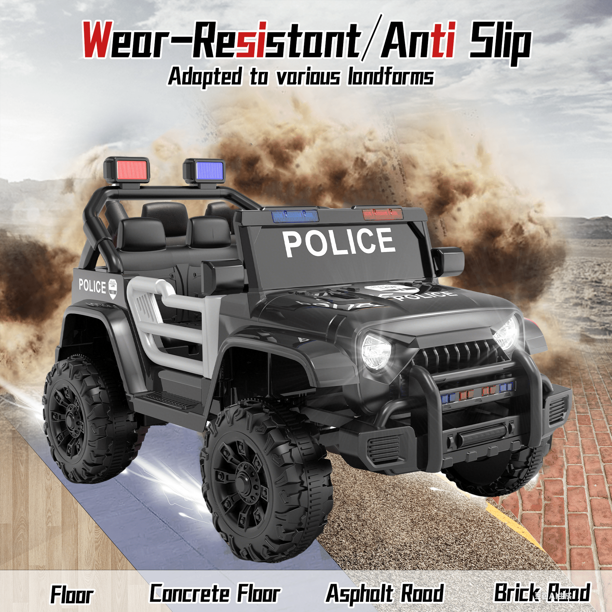 Xuanlur 12V Kids Ride on Car with Remote Control, Ride on Toys w/ Dual Drive, Four-Wheel Suspension, Bluetooth Music, LED Lights, USB, Shock Absorption, Toys Car for Kids Aged, Black Police Car