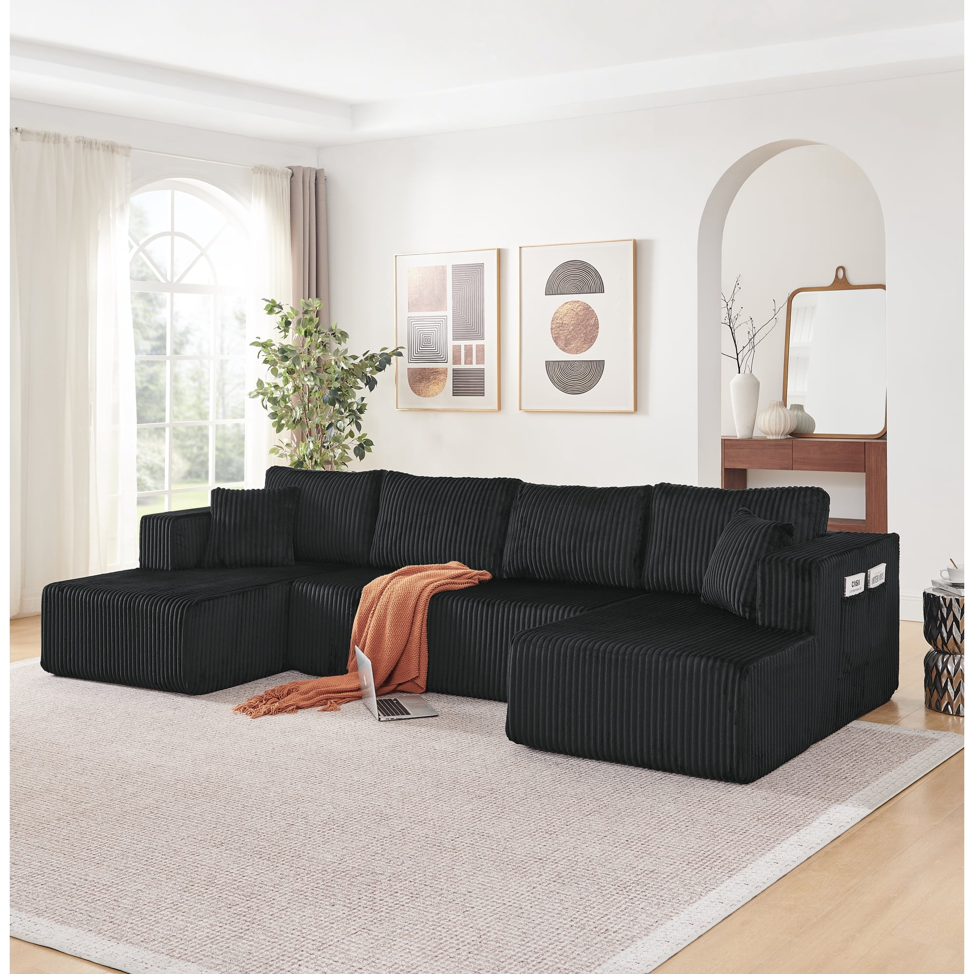 Leumius 132" U Shaped Modular Sectional Sofa,Modern Minimalist Corduroy Boneless Cloud Sofa with Double Chaise,Memory Foam Sectional Couch with Deep Seat for Living Room, No Assembly Required,Black