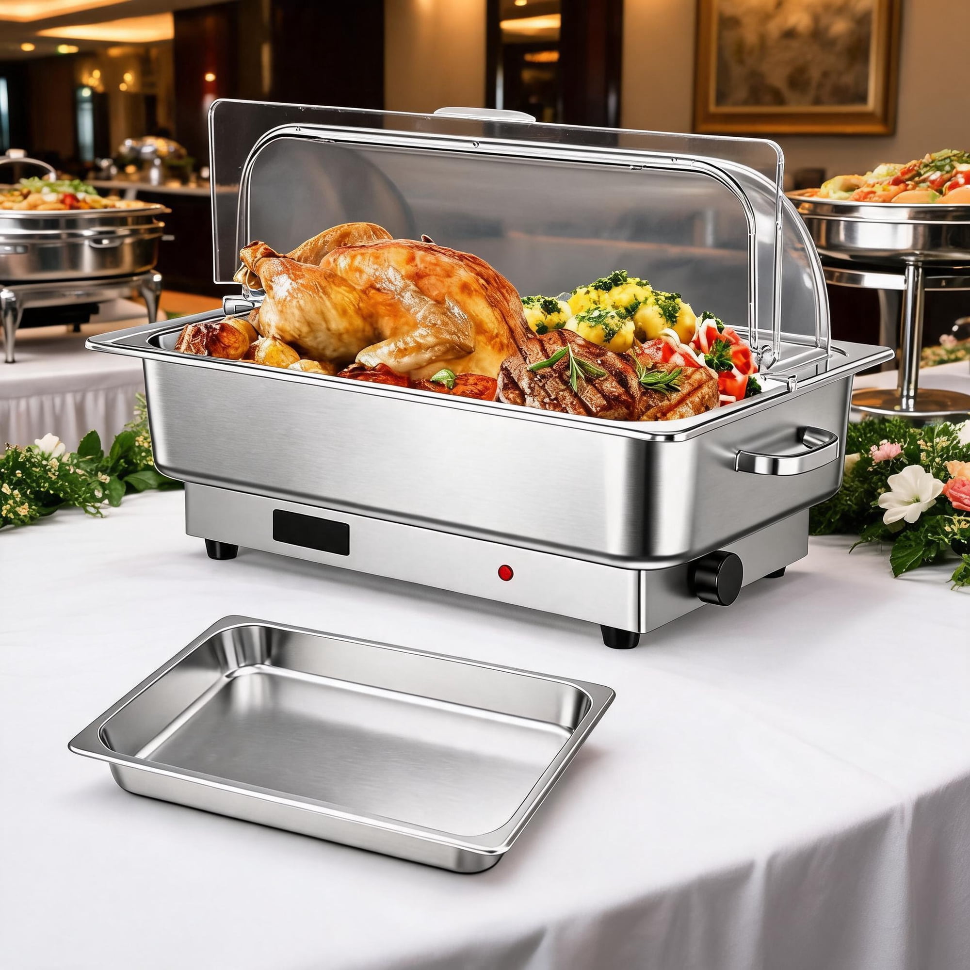 9QT Electric Chafing Dish Buffet Server – Stainless Steel Food Warmer, 400W Adjustable Temp, Roll Top Clear Lid, Digital Display, 1 Full-Size Pan, For Catering, Parties – 1*1/1 Food Bowl