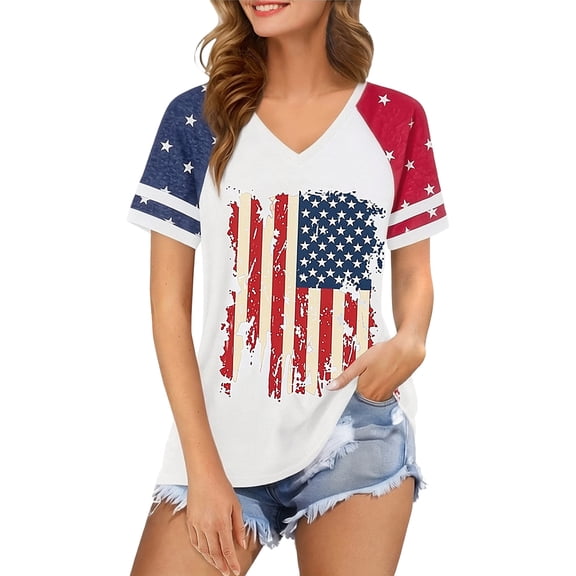 Likimi 4Th Of July Shirts Women Patriotic Graphic Print Short Sleeve V Neck Fashionable T-Shirts White Size L