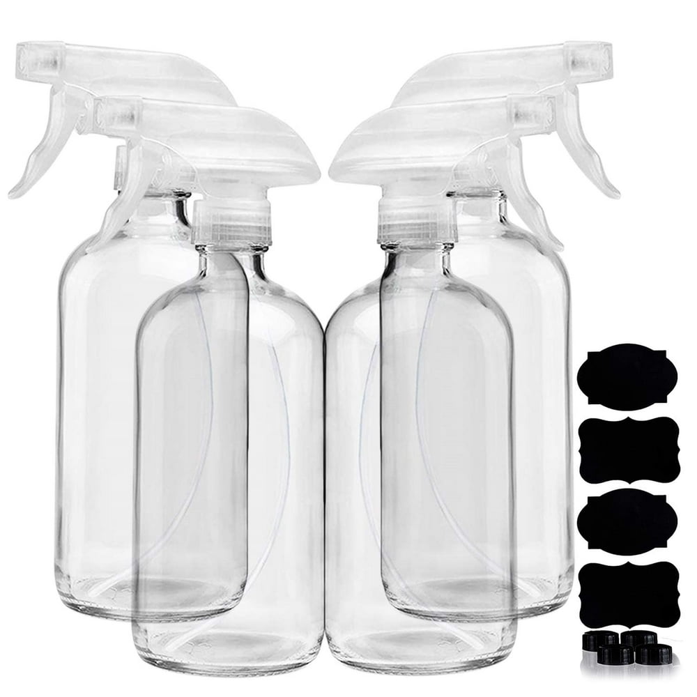 Homeries 4 Pack 16 Ounce Empty Clear Glass Spray Bottles, Refillable Sprayer for Essential Oil