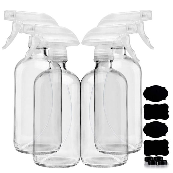 Homeries 4 Pack 16 Ounce Empty Clear Glass Spray Bottles, Refillable Sprayer for Essential Oil, Cleaning, Water, Kitchen, Hair. Environment Friendly Mist Sprayer