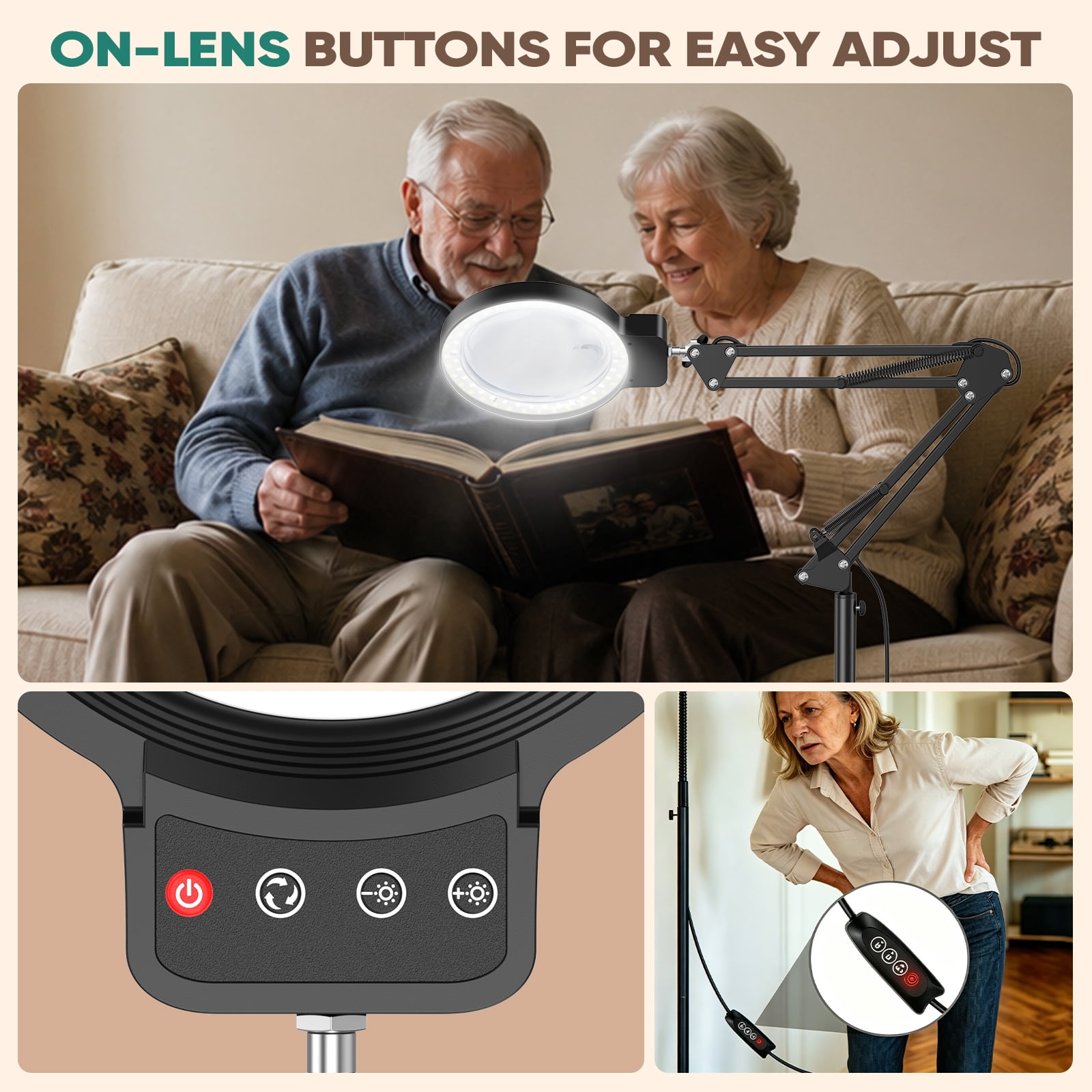Floor Magnifying Glass with Light, 72 LEDs 3 Color 10 Dimmable Magnifying Floor Lamp with Adjustable Height, Heavy Base, Hands-Free Magnifier for Reading, Sewing, Crafts, Close Work
