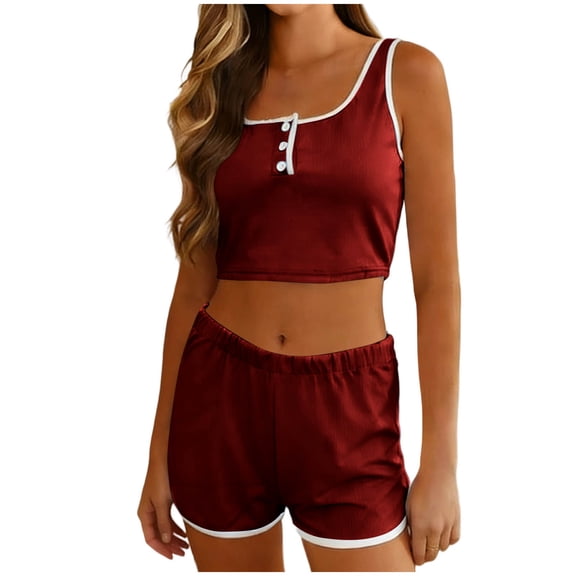 BUIGTTKLOP Lounge Sets for Women Sleeveless Crewneck Crop Tops Low Waisted Shorts 2 Piece Pajamas Sets Loungewear
