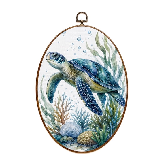Canvas Wall Art Ocean Wall Decor Blue Turtle Sea Pictures Coastal Print Painting Oval Framed Canvas Prints Vintage Wall Hanging Decor for Home Decorations 8.6"x11.4"