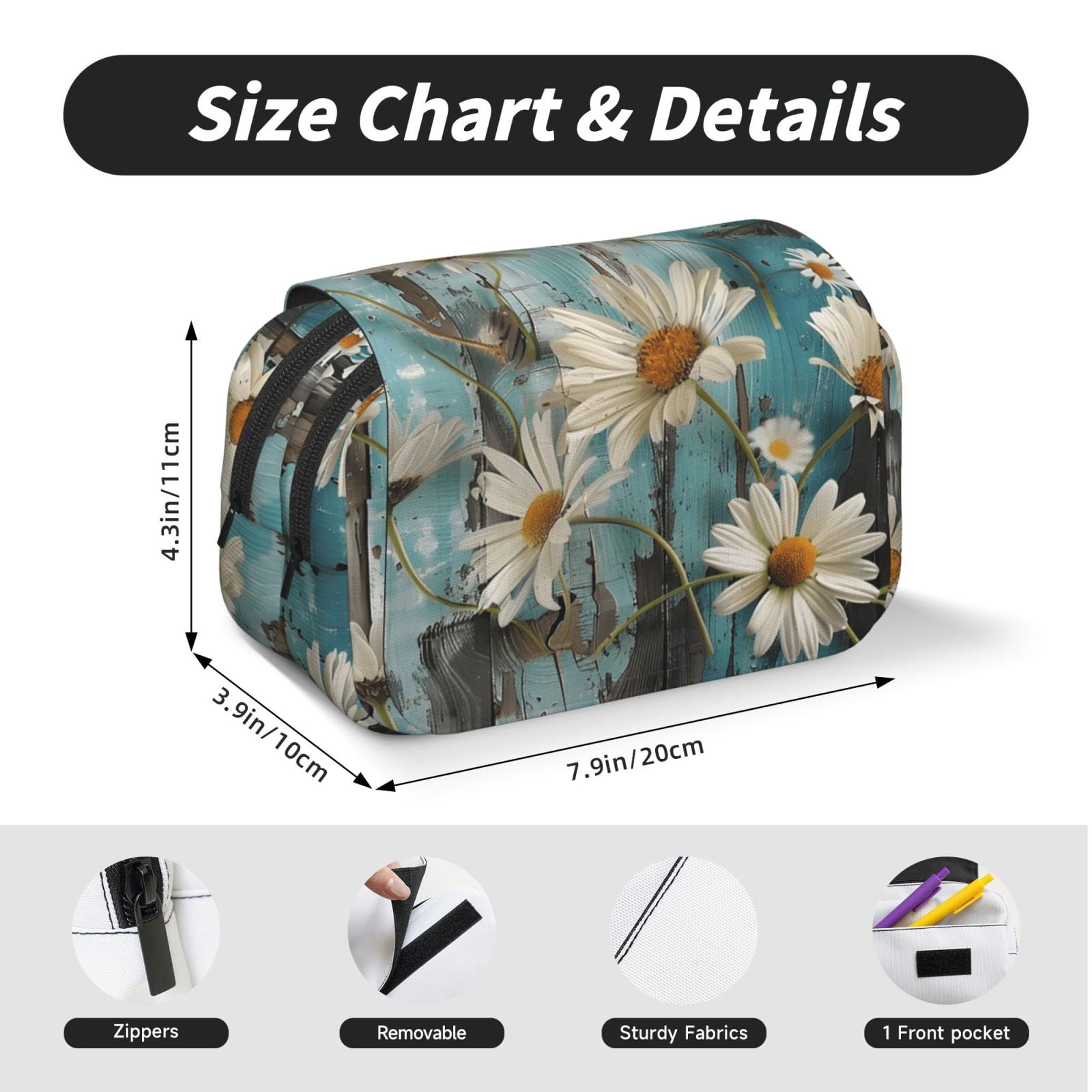 Large-Capacity Flip-Top Double-Layer Pencil Case, Multi-Functional Pocket Pen Case, Durable Stationery Organizer Turquoise Wood Farmhouse Sunflowers (12)