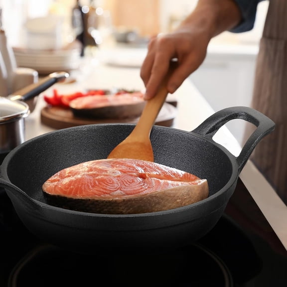 4 Sets Mini Cast Iron Skillet Small Round Pan with Wooden Base for Baking Cooking and Serving