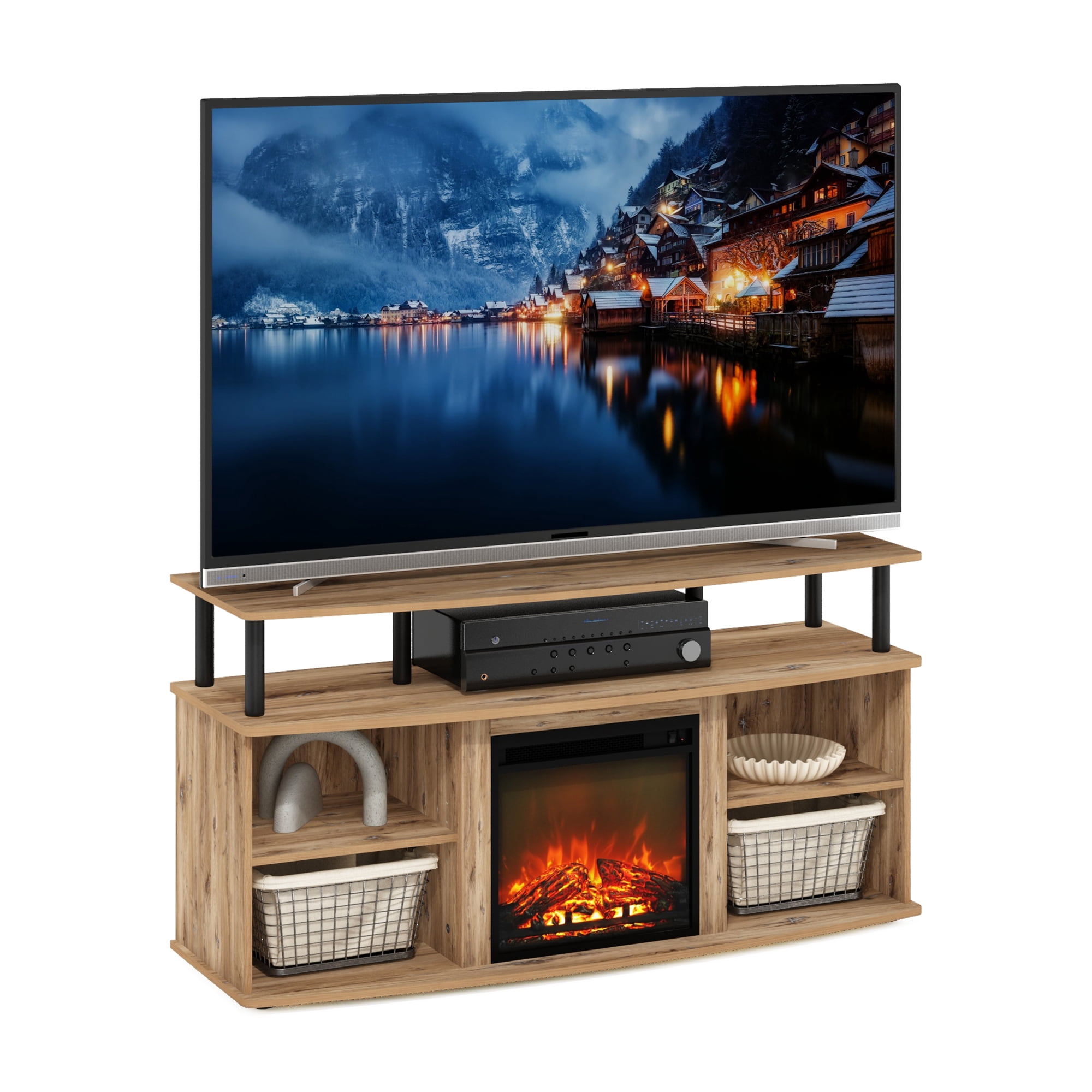Furinno JENSEN Open Shelving Storage Fireplace Entertainment Flagstaff Oak/Black