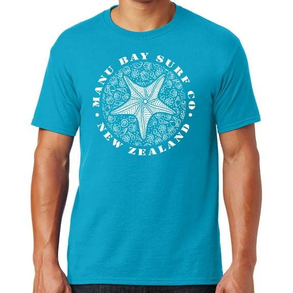 Mens Manu Bay Surf Company WHITE STARFISH T-shirt, Large Cali Blue