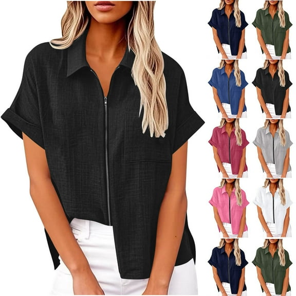 TAGOLD Summer Casual Tops,Plus Size T-shirt Blouse for Womens, Women's Lapel Short Sleeve Loose Zipper And Linen Tunic Summer Work Clothes Shirt Blouse