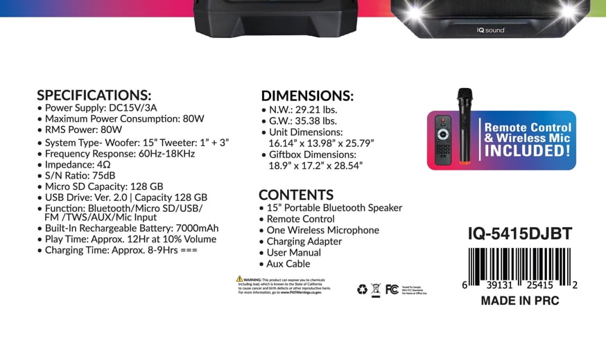 IQ Sound IQ-5415DJBT 15-inch Portable Bluetooth Speaker, Built-in Bluetooth, TWS, FM Radio, Micro SD/USB/AUX/Mic Inputs