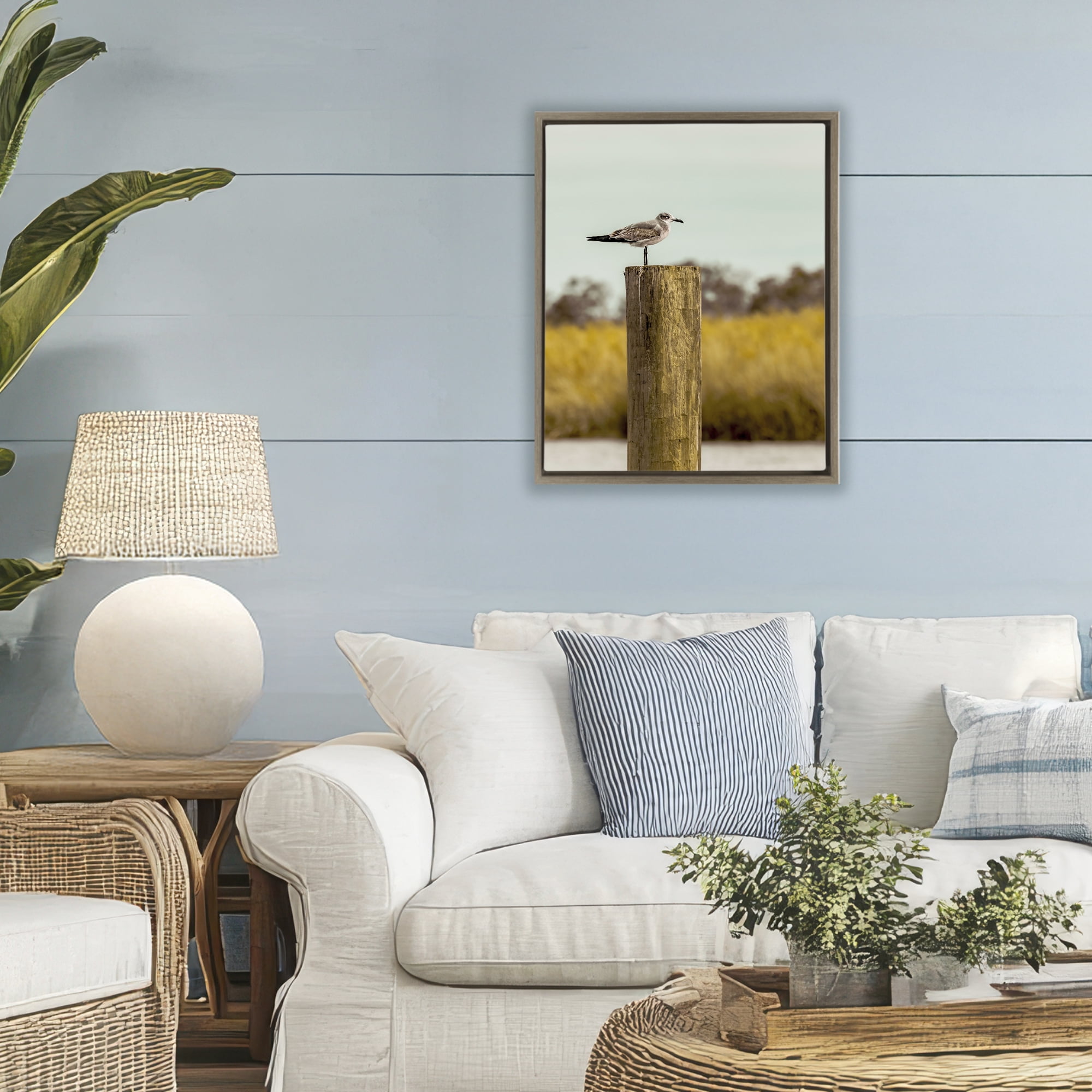 Stupell Industries Gull On Piling Brown Framed Floater Canvas Wall Art, design by Christy Berry