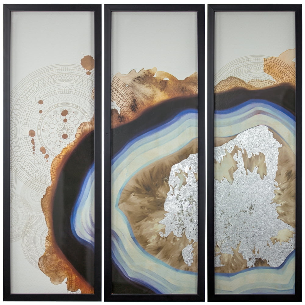 Abstract Set of 3 Framed Prints with Silver Foil Wall Art Decor