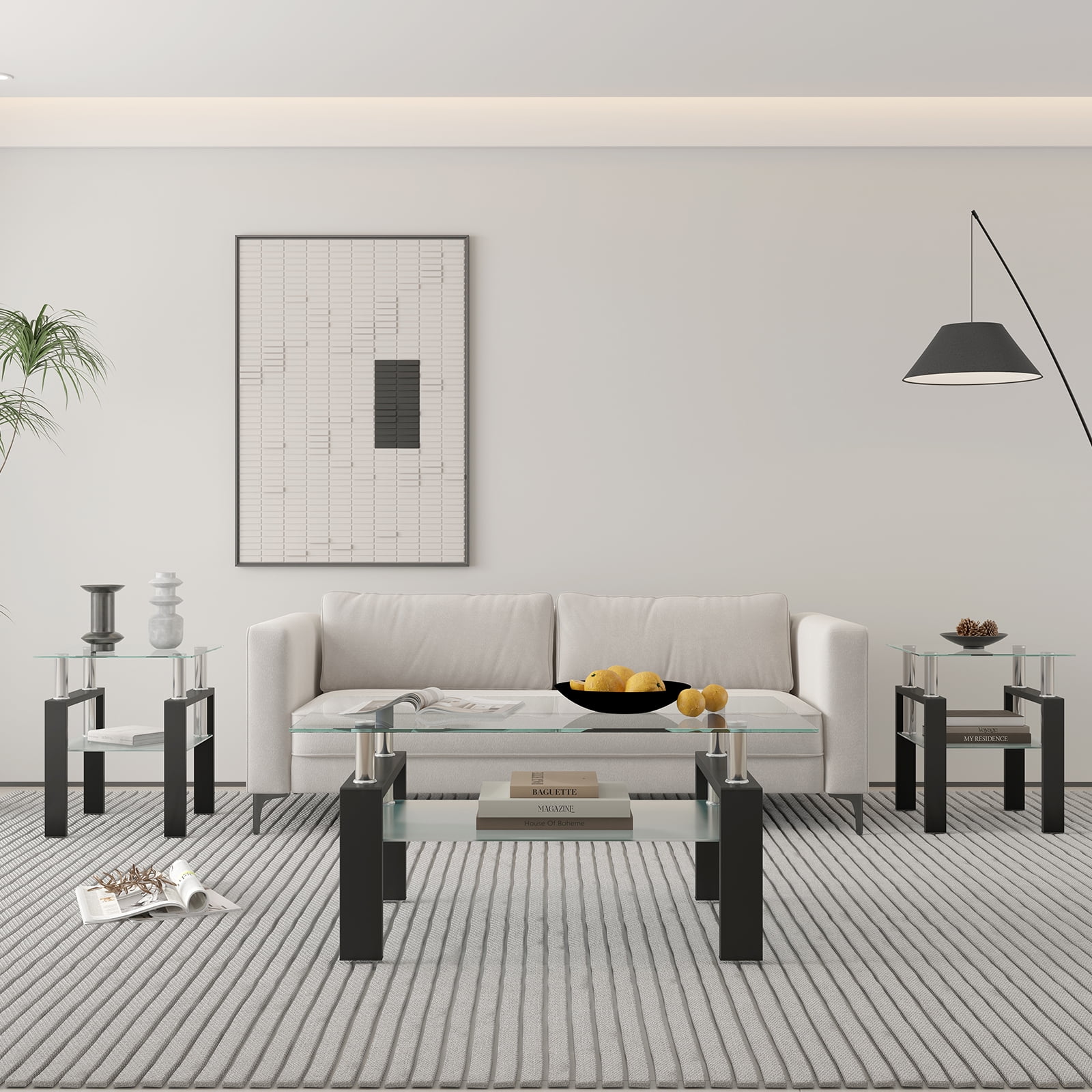 Rectangle Glass Coffee Table for Living Room, Center Table, Sofa Table, with Black Metal Legs, Clear Tempered Glass Top (Black, Coffee Table)