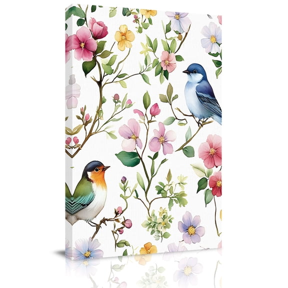 Canvas Wall Art, Spring Bird Floral Framed Canvas Prints for Kitchen Bedroom, Summer Birds Flowers Watercolor Small Gallery Wrapped Wall Decor for Home Office, Gifts, 8"x12" Ship Next Day
