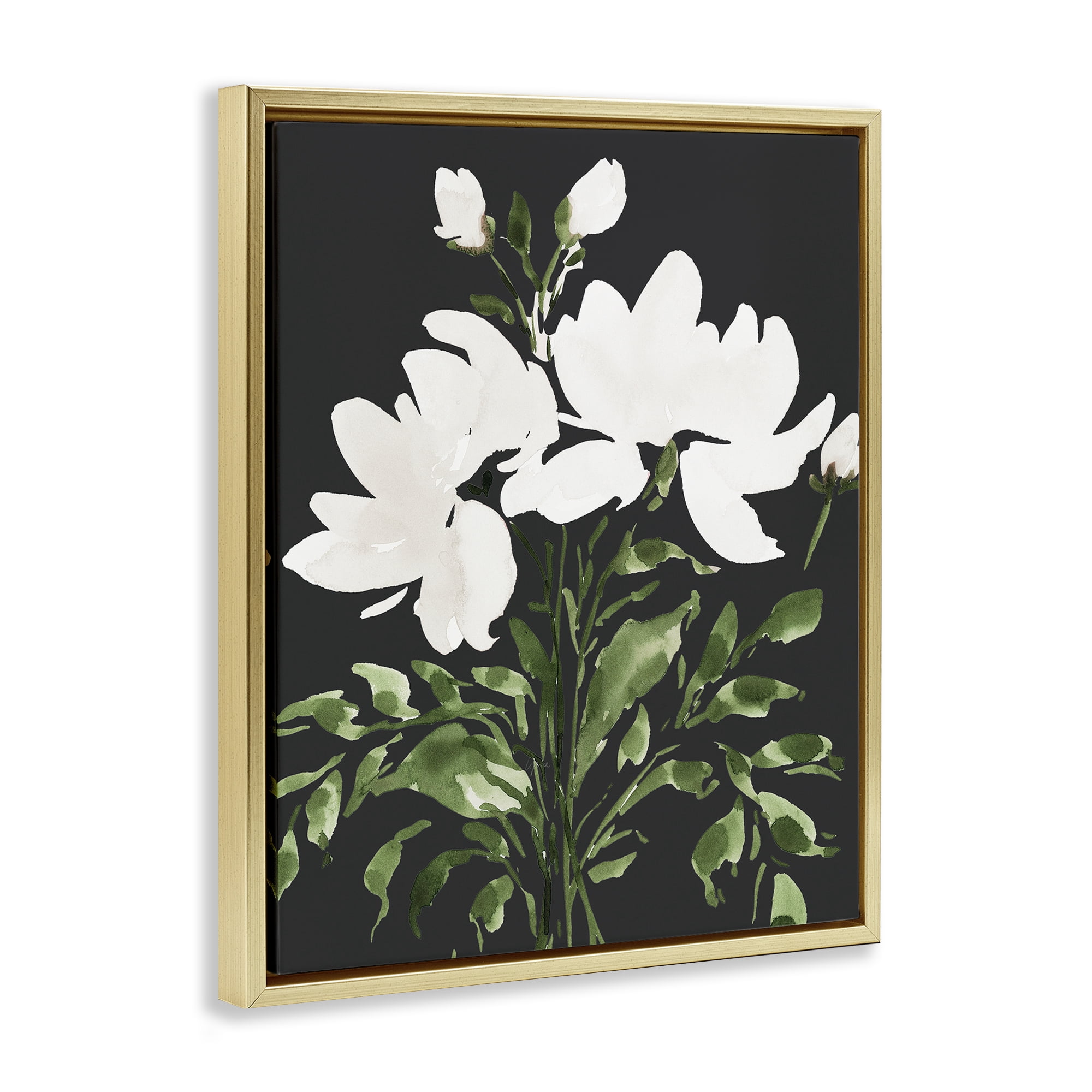 Stupell Industries White On Black Floral Gold Framed Floater Canvas Wall Art, design by Lucille Price