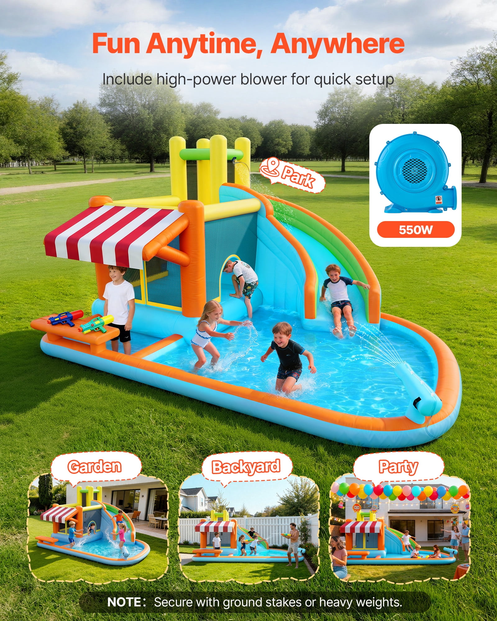 VEVOR Inflatable Bounce House, 14.9 x 12.8 x 7.8 ft Inflatable Bounce House Water Slide, Bouncer Castle with Castle Bounces, Tall Slide, Splash Pool & Pretend Market Booth,for 3 to 4 Kids Ages 3 to 8
