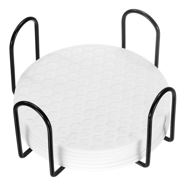 Juego de 6 posavasos de silicona con soporte, posavasos redondo de 4 pulgadas para bebida, blanco