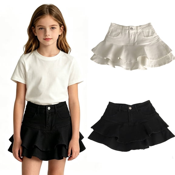 Fozruso Girls Jean Skirt Girls High Waist Denim Pleated Skorts With Stretchy For Summer School Play(Black)